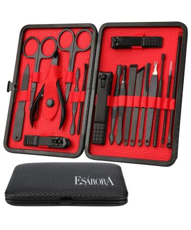 ESARORA Manicure Set 18 in 1 Stainless Steel Professional Pedicure Kit Nail Scissors Grooming Kit with Black Leather Travel Case Red
