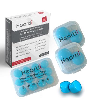 Heartli Premium Moldable Ultra Soft Silicon Ear Plugs Max Comfort Reusable - Noise Cancelling for Sleeping Snoring Working Swimming Travel Concerts Shooting Etc. - 16 Count 2 Travel Cases 27dB