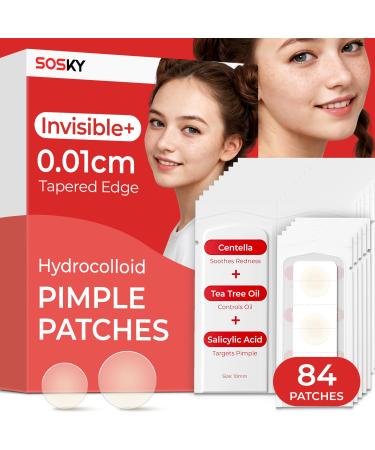 Sosky Pimple Patches for Face 0.01 Invisible+ Hydrocolloid Acne Patches Zit Sticker for Face and Skin Pimple Patches for Covering Zits Blemishes with Salicylic Acid 2 Sizes 84 Count
