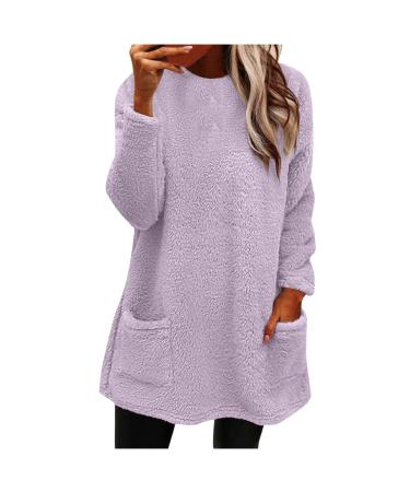 ZCVBOCZ Fuzzy Tops for Women Casual Solid Color Round Neck Long Sleeve Blouse Thick Thermal Soft Sweatshirts with Pocket Large 01purple