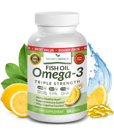 Best Triple Strength Omega 3 Fish Oil Pills - 180 Capsules - 2400mg High Potency Burpless Lemon Flavor 864mg EPA 576mg DHA Ultra Pure Liquid Softgels for Brain Joints Eyes Heart Health Supplement 180 Count (Pack of 1)