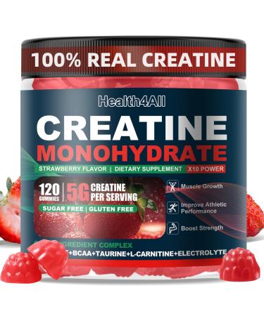 Health4All Creatine Monohydrate Gummies 5G for Men & Women Preworkout Supplement for Energy & Muscle Growth Support with Electrolyte BCAA L-Carnitine & Taurine- Strawberry 120 Gummy