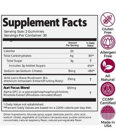 Auri Super Mushroom Focus Gummies - w/Lion's Mane Alpha GPC & Rhodiola - Mushrooom Supplement to Support Cognitive Function Mental Clarity Focus & Energy | 60 Gummies Vegan Friendly Non GMOs - Buy Online on GoSupps.com