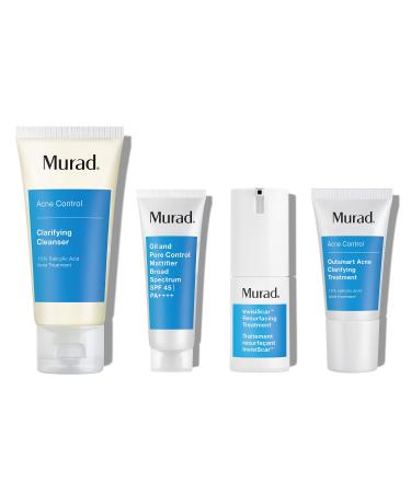 Murad 30-Day Invisiscar Acne Kit - 4-Piece Set $85 Value - Clarifying Cleanser, Oil & Pore Control Mattifier, Outsmart Acne Treamant, full size InvisiScar Treatment