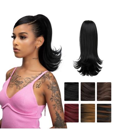 YUMOREAL Black Drawstring Ponytail Extension for Black Women Girls 14 Inch Curly Fake Pony Tail Hair Extensions Synthetic Heat Resistant Fiber Hair Pieces 1B 1B(Natural Black)