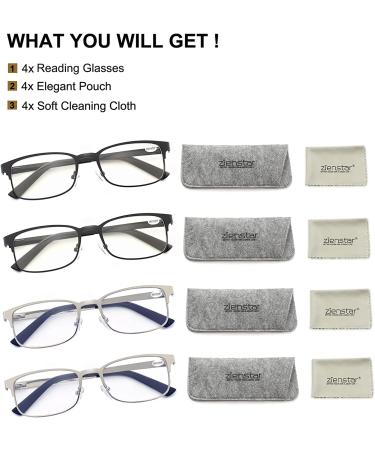 Men's Reading Glasses 4 Pack - Comfort Readers with Flexible Spring Hinge | Rectangle Metal Stainless Steel Eyeglasses in Black/Silver 2.0x - Buy Online on GoSupps.com