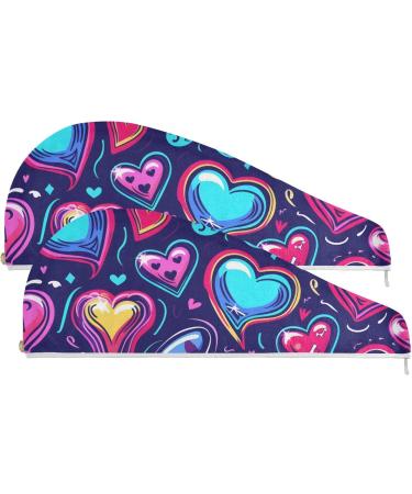 Neon Cartoon Heart Hair Towels 2 Pack | Super Absorbent Quick Dry Turbans for Women & Girls - Buy Online on GoSupps.com