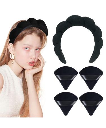 Spa Headband for Women  Makeup Headbands with Triangle Powder Puff  Sponge and Terry Towel Cloth Fabric Hair Band and Versed Headband for Face Washing  Makeup Removal  Shower  Skincare Black Black Heandband and Black Puf...
