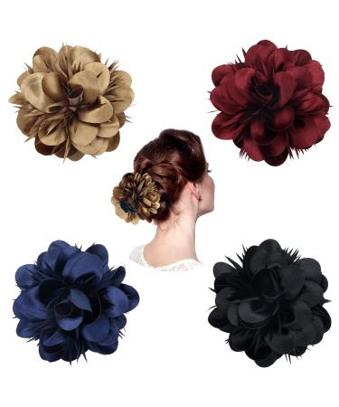 Dizila 4 Pack Plastic Hair Claws with Big Satin Flower Hair Clips Barrettes Jaws Grips Clamps Bun Updo Holders Hair Accessories for Women Girls