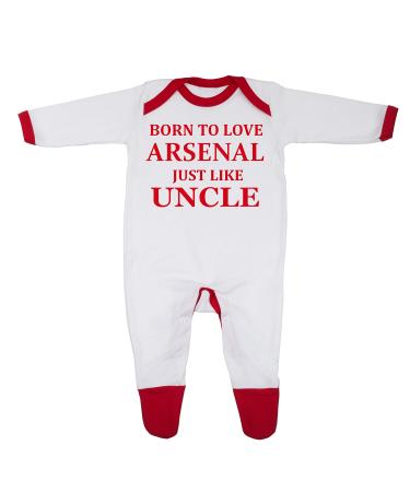 'Born To Love Arsenal Just Like Uncle' Baby Boy Girl Sleepsuit Made in the UK Using 100% Fine Combed Cotton 3-6 Months White/Red Trim