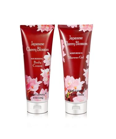 Shower Gel and Body Cream  Vital Luxury 8 FL OZ Japanese Cherry Blossom Scented Organic Travel Moisturizing Gift Set  Includes and Cream and Organic Body Wash for Men and Women