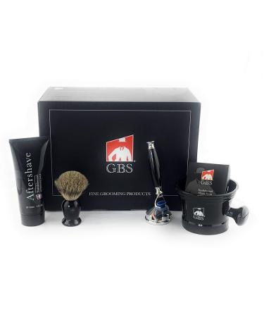 G.B.S Men s Shaving Set Blade Razor Ceramic Black Shaving Mug Badger Shaving Brush Sandalwood Aftershave Shaving Soap and Razor Cone Stand Black