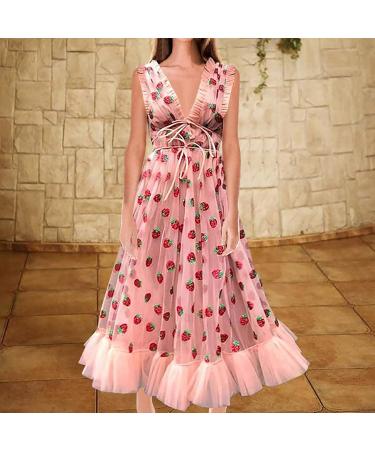 UIKMNh Teen Girls Glitter Strawberry Tea Dress - Sleeveless V-Neck Summer Dress (Strawberry Pink, Small) - Buy Online on GoSupps.com