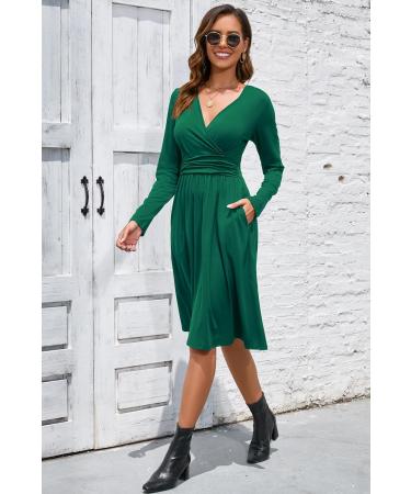 OUGES Women's Spring Casual Midi Dress - Long Sleeve V-Neck Floral Wrap Dress with Pockets (S, Green) - Buy Online on GoSupps.com
