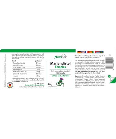 Nutrifair BV Milk thistle complex with milk thistle artichoke & dandelion 250 mg silymarin per day 100 capsules high dosage 100 vegan German production & laboratory testing NutriFair - Buy Online on GoSupps.com