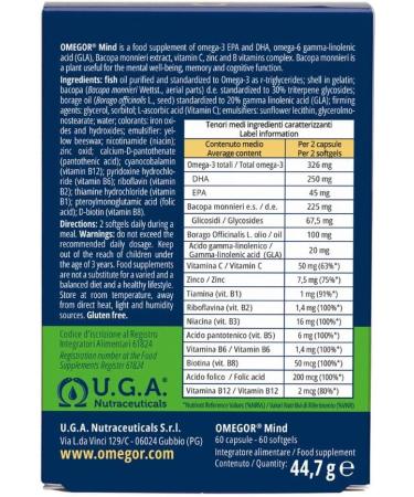OMEGOR Mind | Supplement for memory and cognitive functions | With Omega 3 DHA and Bacopa Monnieri extract borage oil zinc and B vitamins | Molecular distillation TG form | - Buy Online on GoSupps.com