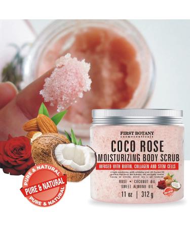 Coconut Rose Body Scrub Exfoliator with Biotin, Collagen & Stem Cells | Natural Exfoliating Salt Scrub for Moisturizing Skin, Acne, Cellulite, Wrinkles | 11 oz - Buy Online on GoSupps.com