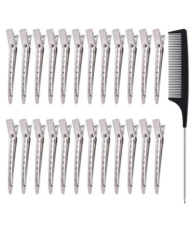 24pcs Hair Sectioning Clips with Styling Comb 3.5 Inches Duckbill Hair Clips Metal Hairdressing Curl Clips Silver