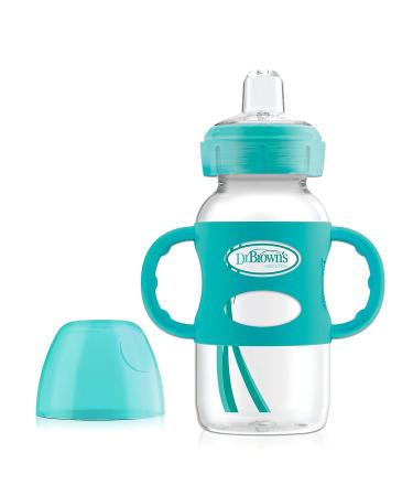 Dr. Brown’s® Milestones™ Wide-Neck Sippy Bottle with 100% Silicone Handles, Easy-Grip Bottle with Soft Sippy Spout, 9oz/270mL, BPA Free, Turquoise, 6m+
