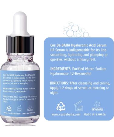 Pure 100 Hyaluronic Acid Serum for Face by CosDeBAHA Anti Aging Moisturizer Natural Collagen Plumping Booster Anti Wrinkle Formula! Drop of Youth Increase Skin Hydration Korean Skin Care 30ml - Buy Online on GoSupps.com