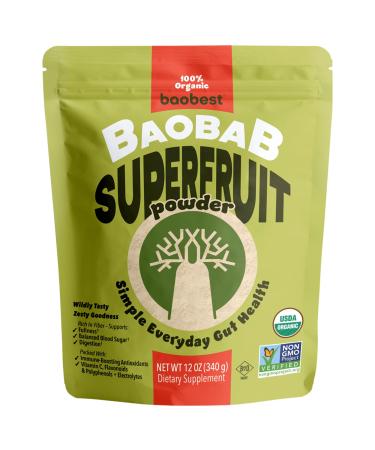 Baobest Organic Baobab Fruit Powder Raw Superfood with Vitamin C and Prebiotic Fiber for Immune Support and Gut Health Gluten-Free GLP-1 Support - 12 Ounce Bag