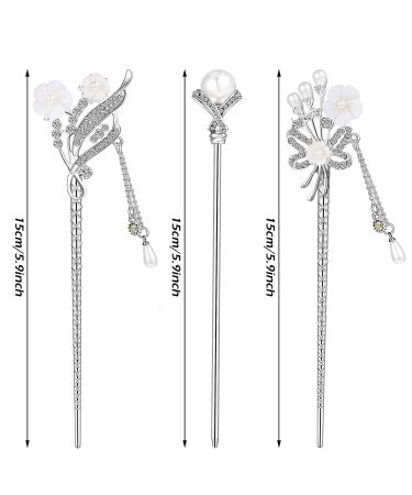 3-Piece Chinese Hair Stick & Japanese Hairpin Set - Pearl Rhinestone Flower Hair Accessories for Women - Vintage Tassel Chignon Jewelry - Traditional Style - Buy Online on GoSupps.com