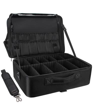 Relavel Extra Large Makeup Case Travel Makeup Train Case Professional Makeup Artist Bag Portable Nail Organizer Box Art Supply Case with Adjustable Dividers/Attach to Trolley/Shoulder Strap (Black) Extra Large Black