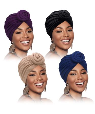 SATINIOR 4 Pieces African Pattern Headwrap Pre-Tied Bonnet Turban Knot Beanie Cap Headwrap Hat Purple, Black, Navy, Camel
