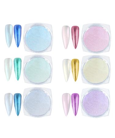 URAQT Chrome Nail Powder 6Pcs Holographic Pearl Nail Powder Ice Mermaid Aurora Nail Art Pigment Powder with 2 Sponge Brush Mirror Effect Pigment Manicure Glitter for DIY Nail Decoration