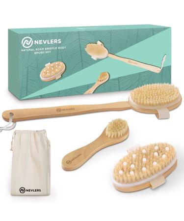 Nevlers Natural Boar Body Brush Set with Detachable Cellulite Brush, Long Wooden Handle for Dry Brushing and Face Brush | Perfect Kit to Exfoliate and Alleviate
