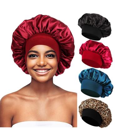 Himoswis 4 PCS Satin Bonnet for Sleeping Hair Bonnets for Black Women Satin Sleep Cap for Curly Hair Bonet Pack A A4-black burgundy teal leopard