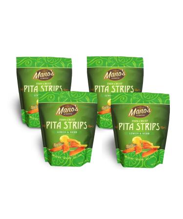 Manos Authentic Pita Chip Strips  Healthy, Thin, Snack-able, Bite Sized Pita Chips  Lemon & Herb (4) Pack 6.5oz each
