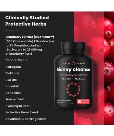 Kidney Cleanse Detox | 22-in-1 Kidney Support Supplement | 25,000mg Cranberry Pills Extract | Extra Strength Repair & Flush Premium Formula | Urinary Tract Health for Women & Men | 60 Vegan Capsules - Buy Online on GoSupps.com