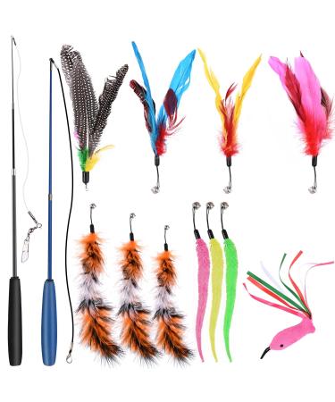 Goldge Cat Toys Feather Retractable Fishing Rod with 12 Refills Interactive for Indoor Cats and Kittens