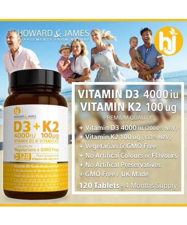 High Strength Vitamin D3 4000iu + K2 100ug 120 Vegetarian Tablets by HOWARD & JAMES - Buy Online on GoSupps.com