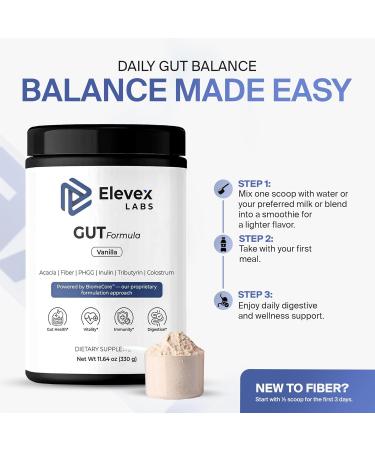 Elevex Gut Health Powder 3g Colostrum (30% IgG) + Tributyrin ( 60% Butyrate Purity) + PHGG Prebiotics Gut Lining, Gut Brain & Bloating Support BiomeCore 30 Servings (Vanilla) - Buy Online on GoSupps.com