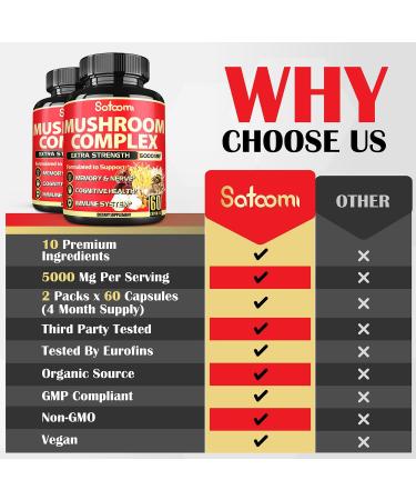10-in-1 Mushroom Supplement Capsules 5000mg - 4 Month Supply - Immune Support Blend with Lion's Mane, Cordyceps, Reishi, Chaga - 120 Capsules - Buy Online on GoSupps.com
