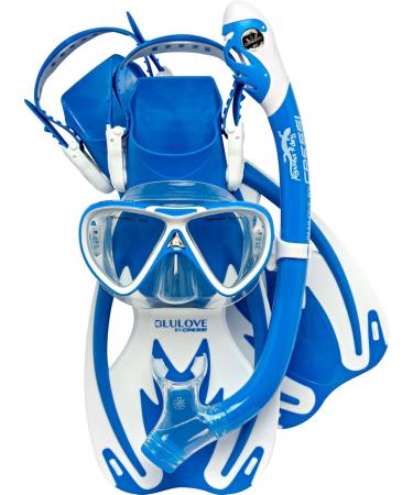 Cressi Junior Snorkeling Kit for Young Aged 3 to 10 - Mask - Dry Snorkel - Adjustable Fins and Net Bag - Lightweight Rocks Pro Dry Set - Blue-White - L-XL US Youth 1-6  EU 32-38