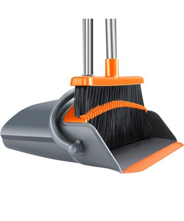 Broom and Dustpan Set for Home, Upright Dustpan and Broom Combo Set with 55" Long Handle Sweeping Office Kitchen Wood Floor Pet Hair, Cleaning Supplies for Indoor Housewarming Gift Grey and Orange