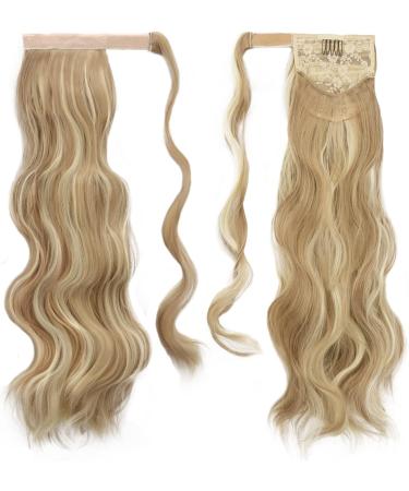 FESHFEN Long Wavy Ponytail Extensions 60cm - Light Ash Brown & Bleach Blonde | Clip-in Synthetic Hairpiece for Women and Girls - Buy Online on GoSupps.com