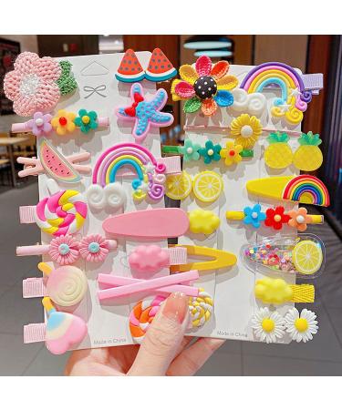 SUKPSY 28 Pcs Colorful Hair Clips Cute Hair Accessories Flower Fruit Dessert Barrettes Hairpins for Baby Girls Teens Toddlers pink+yellow