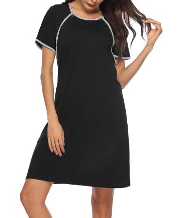 Sykooria Women's Maternity Nursing Nightdress - Short Sleeve V Neck Nightgown in Black - Soft Sleep Shirt for Pregnant Women - Buy Online on GoSupps.com