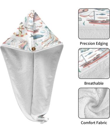 Marine Pattern Dry Hair Cap Set | 2-Piece Quick Drying Towel & Button Headband | Super Absorbent & Soft Comfort - Buy Online on GoSupps.com