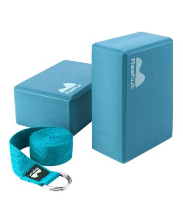 REEHUT Yoga Block 2 Pack and Metal D Ring Yoga Strap 1 Pack Combo Set 9" x 6" x 4"High Density EVA Foam Block to Support and Deepen Poses 8FT Yoga Belt for Stretching General Fitness (Black) Cyan 9*6*4in-2pcs 8ft