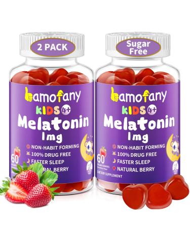 Bamofany Kids Melatonin 1mg Gummies Twin Pack (120 Count) 2x60 Strawberry Gummies, Safe Sleep Support for Ages 4+ with L-Theanine, Vegan, Sugar Free