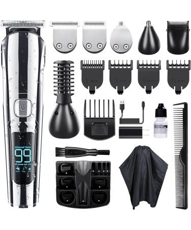 Beard Trimmer, KIKOMO All in 1 Cordless Men Hair Clippers Trimmer, IPX7 Waterproof Mustache Nose Ear Facial Trimmer, Body Groomer Kit with LED Display, USB & Wall Charger