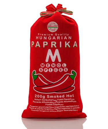 Menol Spices Authentic Hungarian Smoked Paprika Powder (Smoked Hot, 7oz / 200g) Premium Gourmet Quality, Incredible Smokey and Spicy Flavor, Vibrant Red, Produced in region of Szeged, Hungary, Environmentally friendly packaging 7 Ounces