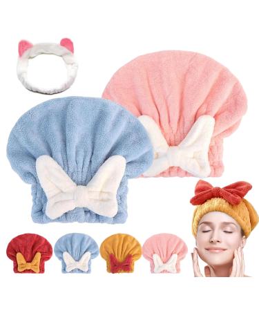 GDSAFS New Super Absorbent Hair Towel Wrap for Wet Hair Microfiber Hair Towel Wrap Quick-Drying Thickened Soft Bow Tie Hair Towel Wrap Dry Turban Wet Hair Towel Wrap for Women (Blue&Pink)