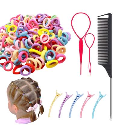 Baby Hair Ties Set-100Pcs Soft Hair Ties Small Rubber Hair Bands for Toddler Girls Kids 2Pcs Topsy Tail Hair Tools 5Pcs Duck Bill Hair Clips and 1Pcs Rat Tail Comb Hair Accessories Type C