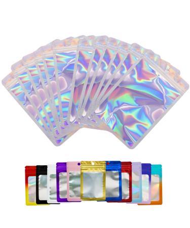 100 Pieces Holographic Resealable Mylar Holographic Ziplock Bags Food Storage Smell Proof Bags with Front Window Packaging Pouch for Cookies Sample Jewelry Snack 4.73 * 7.88 inches 4.73*7.88 inches Holographic